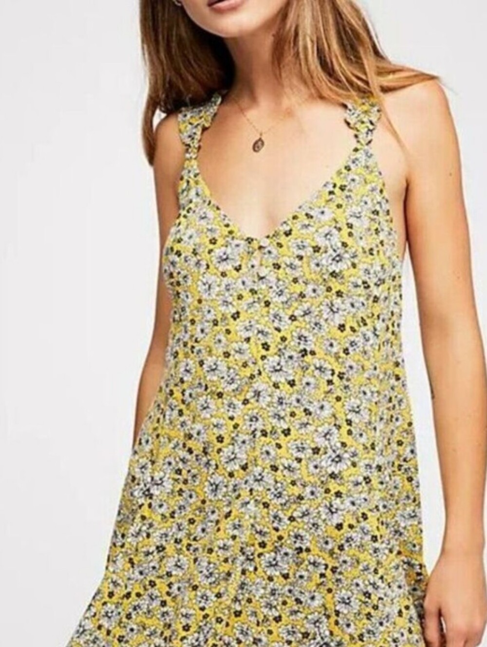 Free People Yellow Floral V-Neck Braided-Strap Mini Sundress